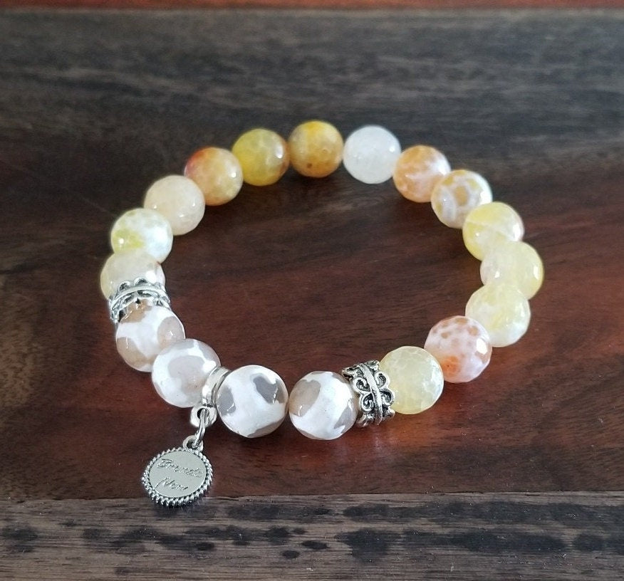 Yellow Beaded Bracelet Gemstone Agate Jewelry Stretch White Silver Amber Spring Summer Beach Cruise Women's Gift for Her