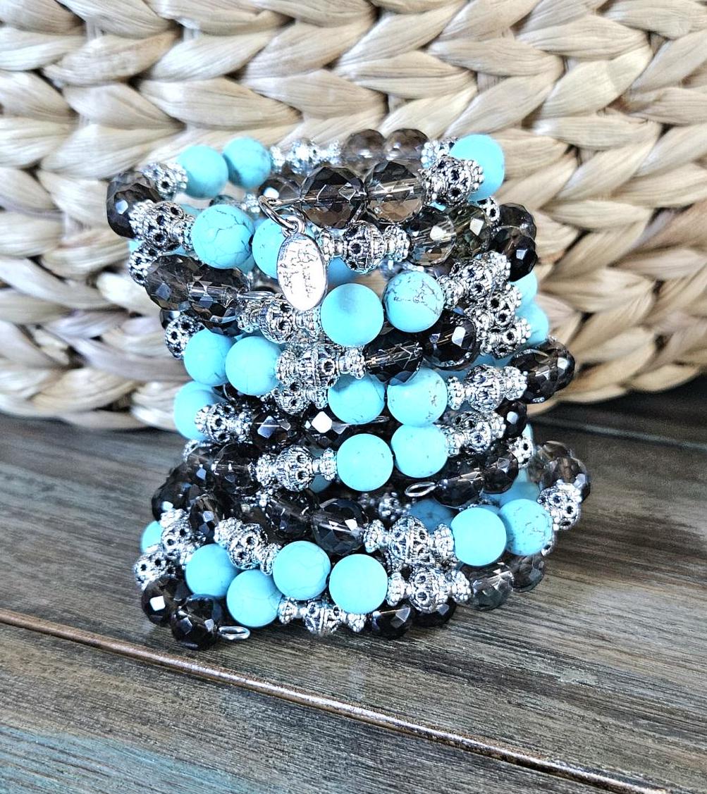 Smoky Quartz Silver Turquoise Southwest Beaded Bracelet Jewelry Brown Gemstone Handmade Wrap Cuff Bangle Vintage Women's Gift For Her