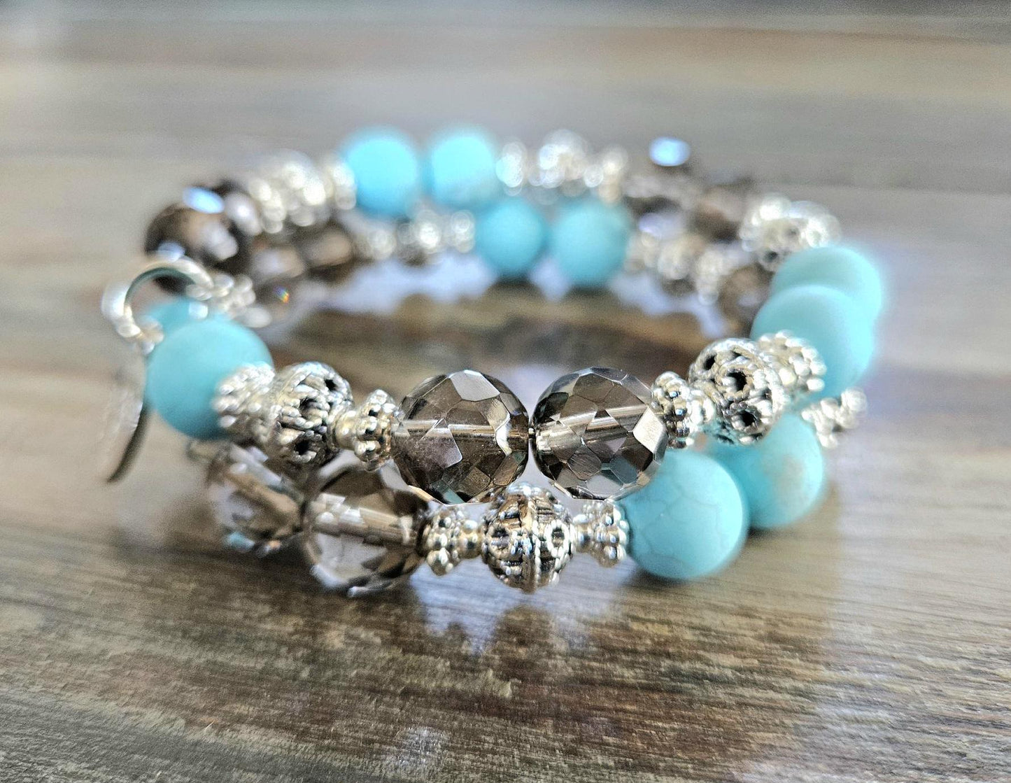 Smoky Quartz Silver Turquoise Southwest Beaded Bracelet Jewelry Brown Gemstone Handmade Wrap Cuff Bangle Vintage Women's Gift For Her