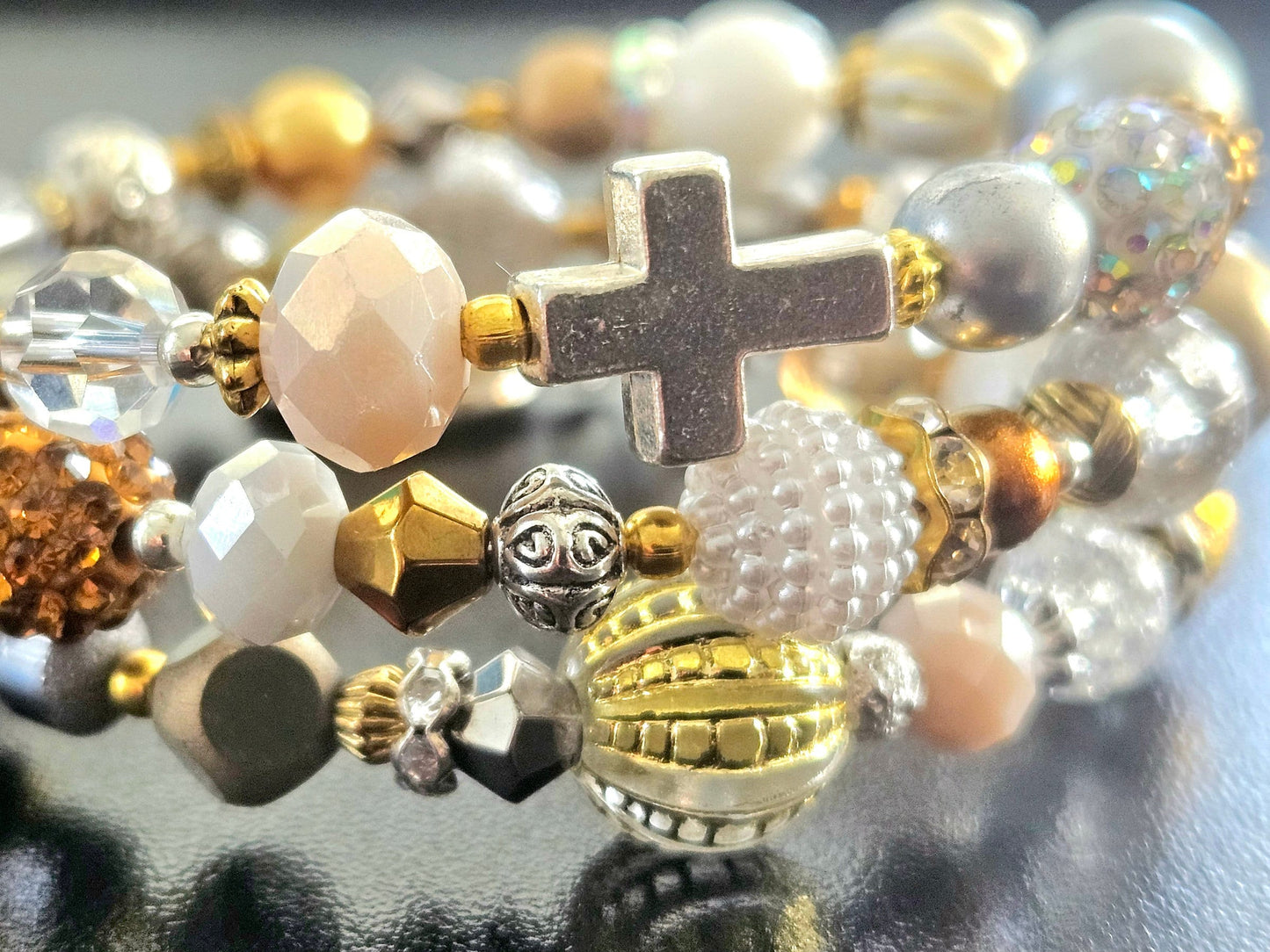 Cross Charm Beaded Bracelet Jewelry Faith Based Christian Wrap Bangle Cuff Gold White Handmade Women's Christmas Holiday Gift For Her