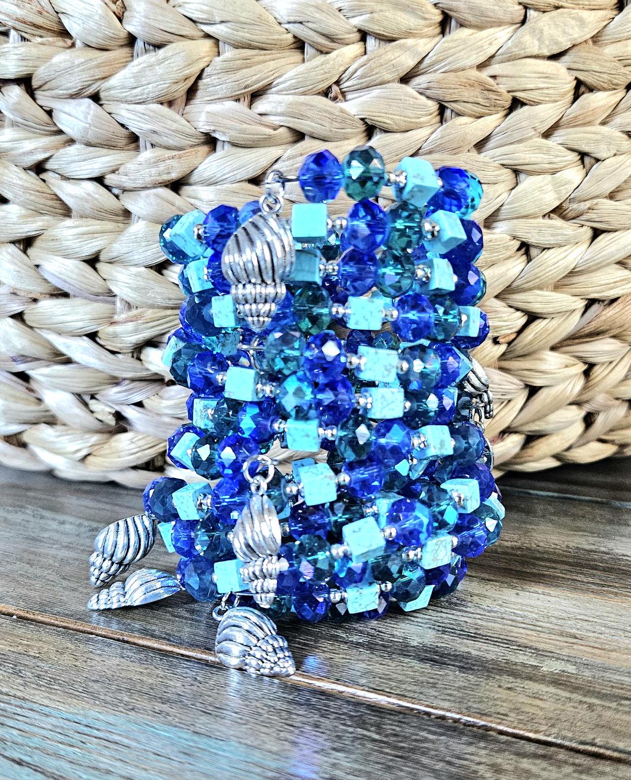 Seashell Charm Bracelet Jewelry Beaded Turquoise Gemstone Sea Ocean Beach Cruise Summer Silver Handmade Memory Wire Wrap Cuff Bangle Gift