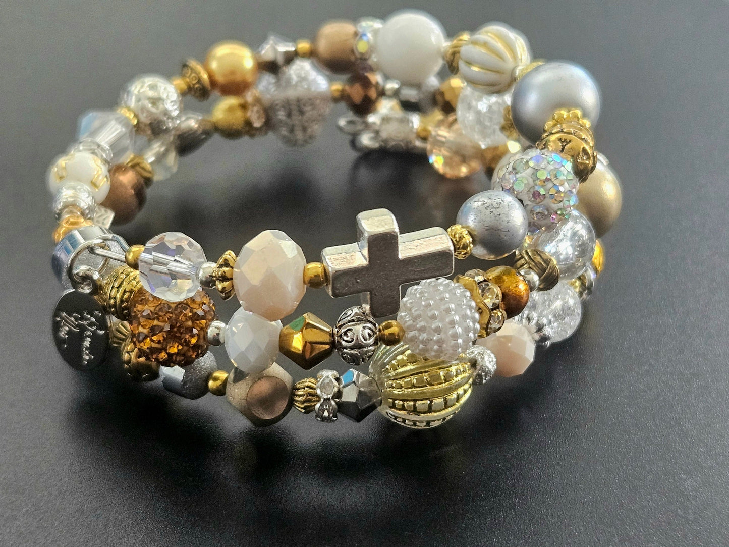 Cross Charm Beaded Bracelet Jewelry Faith Based Christian Wrap Bangle Cuff Gold White Handmade Women's Christmas Holiday Gift For Her