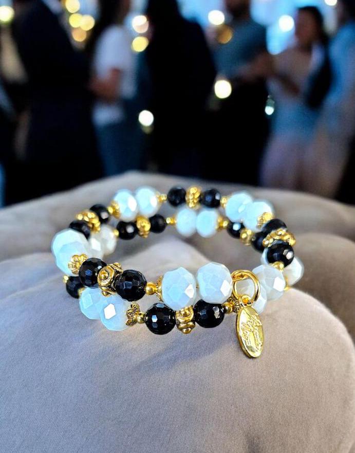 Black and White Beaded Bracelet Jewelry Gold Wrap Cuff Bangle Bridal Wedding Formal Evening Prom Women's Gift for Her