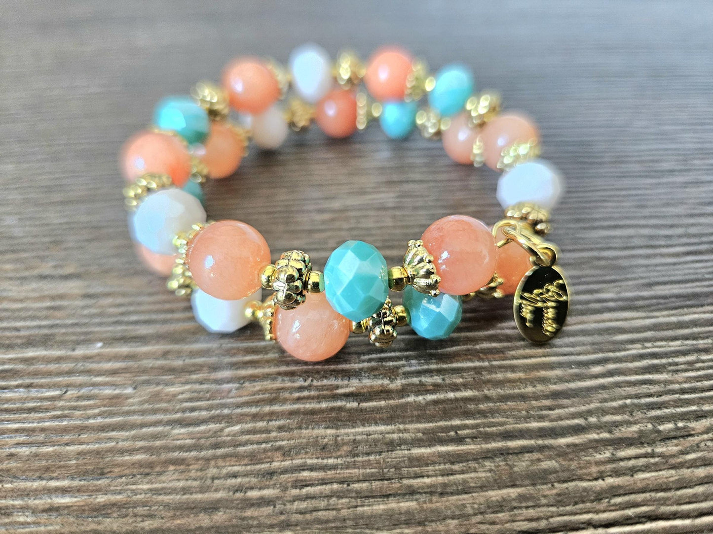 Coral Jade Gemstone Beaded Bracelet Jewelry Beach Orange Turquoise Gold Handmade Memory Wire Wrap Cuff Bangle Beach Cruise Summer Spring