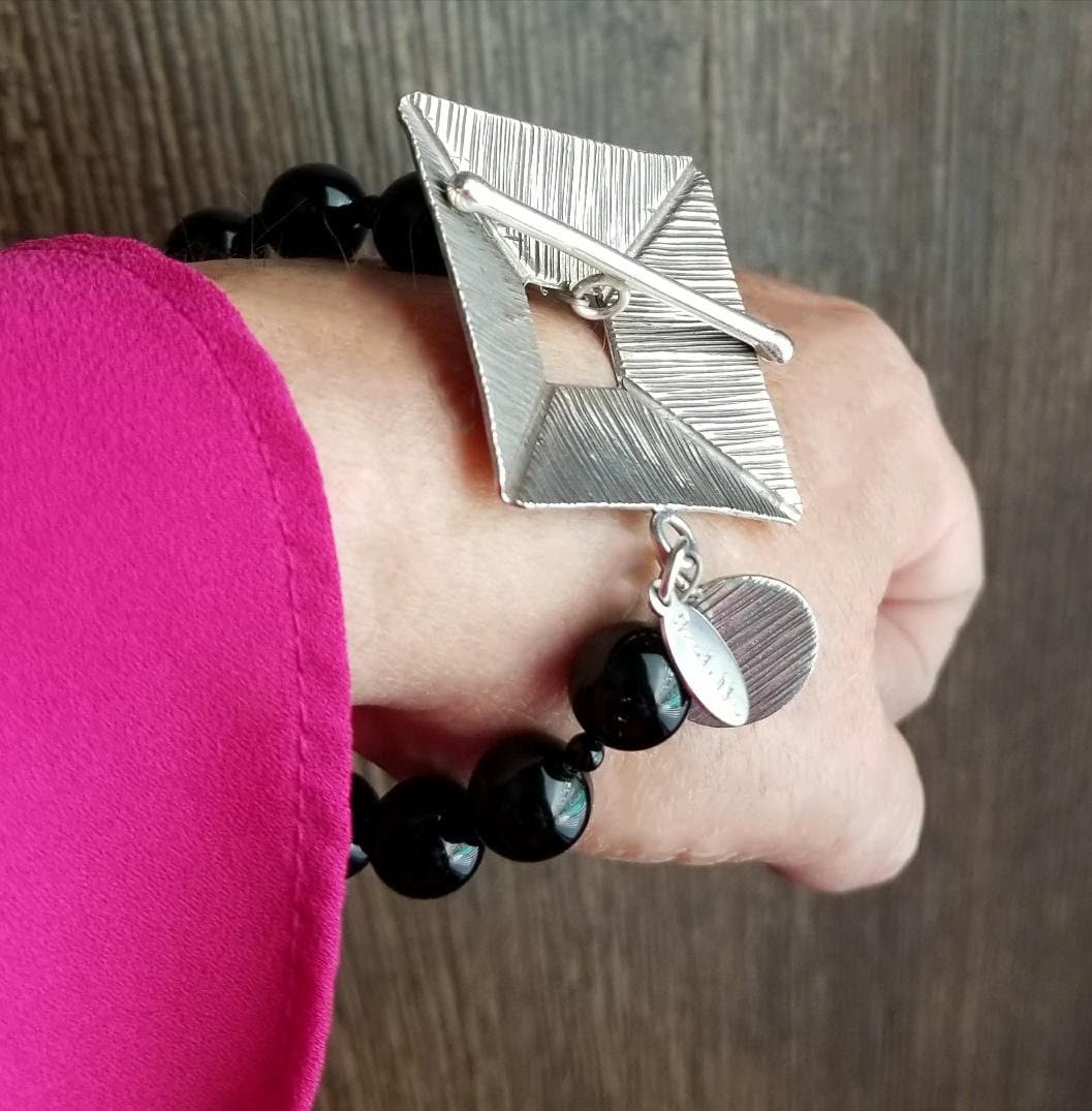 Bali Sterling Silver 925 Statement Beaded Bracelet Jewelry Black Onyx One of a Kind Designer Unique Women's Gift for Her