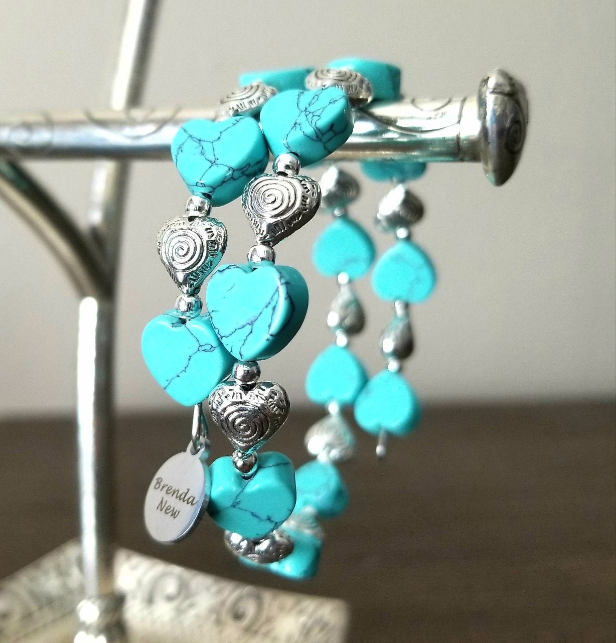 Heart Bracelet Silver Beaded Jewelry Handmade Valentine Day Gift Women's Wrap Cuff Bangle