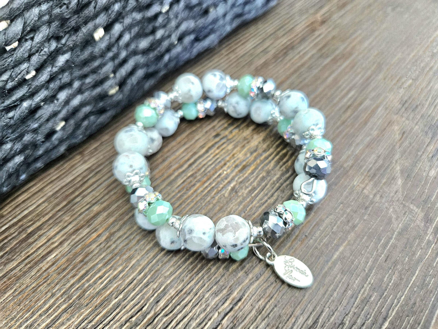 Sesame Jasper Gemstone Beaded Bracelet Mint Green Silver Memory Wire Spring Cuff Wrap Bangle Unique Genuine Boho Women's Gift For Her