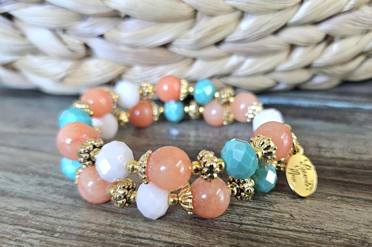 Coral Jade Gemstone Beaded Bracelet Jewelry Beach Orange Turquoise Gold Handmade Memory Wire Wrap Cuff Bangle Beach Cruise Summer Spring