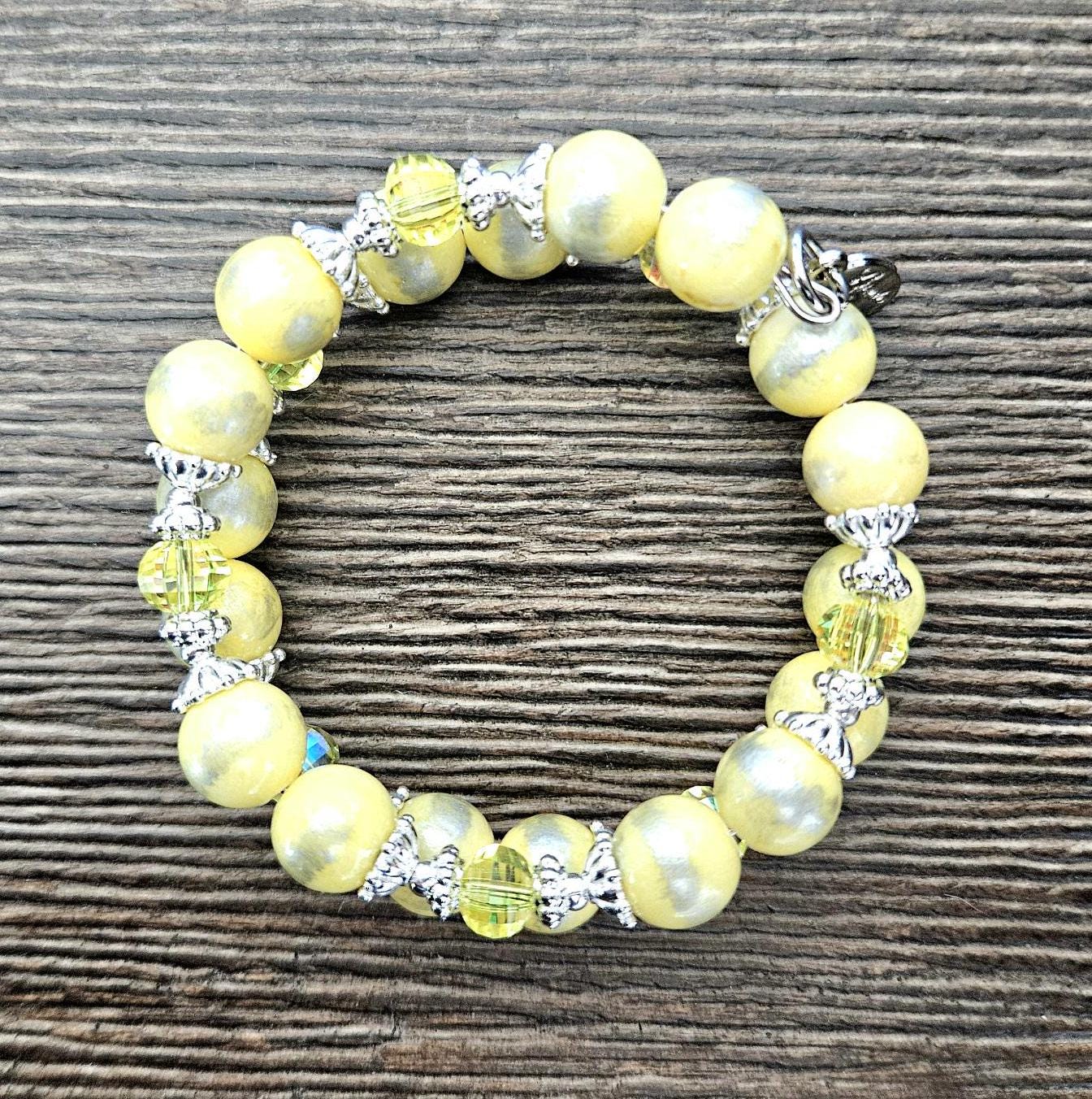 Yellow Beaded Gemstone Bracelet Jade Jewelry Crystal Silver Lemon Sun Spring Summer Beach Cruise Handmade Memory Wire Wrap Cuff Bangle Gift