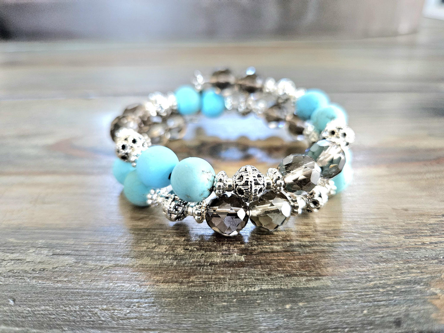 Smoky Quartz Silver Turquoise Southwest Beaded Bracelet Jewelry Brown Gemstone Handmade Wrap Cuff Bangle Vintage Women's Gift For Her