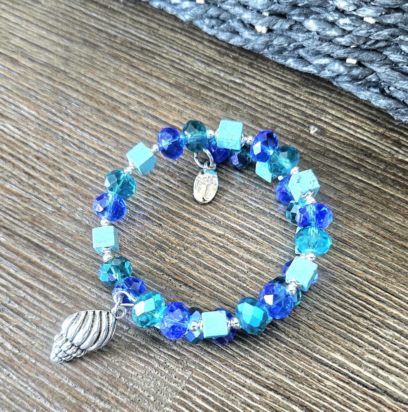 Seashell Charm Bracelet Jewelry Beaded Turquoise Gemstone Sea Ocean Beach Cruise Summer Silver Handmade Memory Wire Wrap Cuff Bangle Gift
