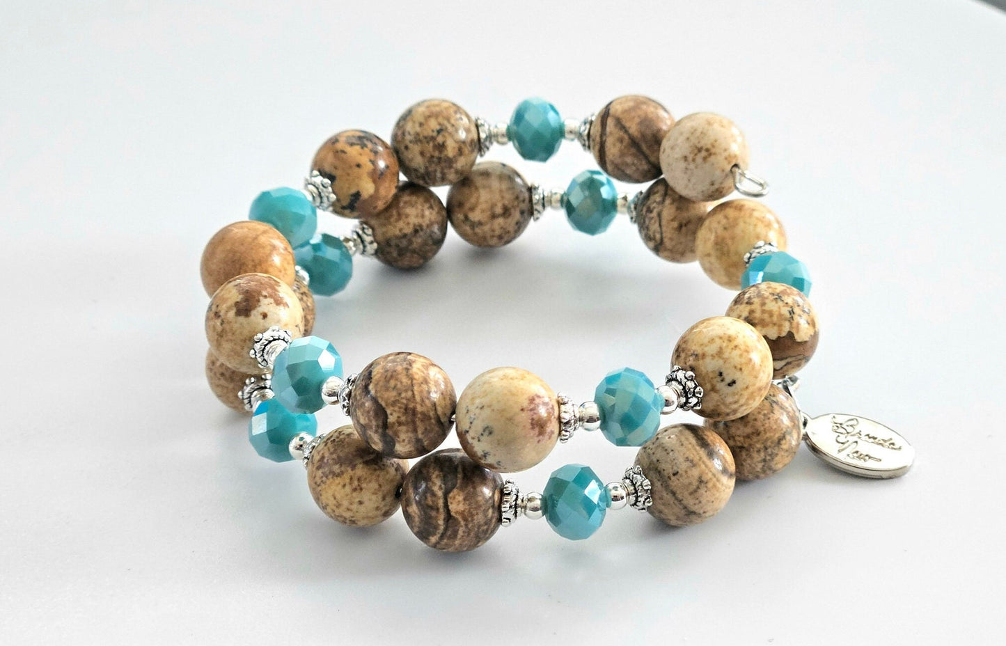 Gemstone Beaded Bracelet Southwest Turquoise Jewelry Semi Precious Desert Jasper Silver Wrap Bangle Cuff Women's Gift for Her Birthday