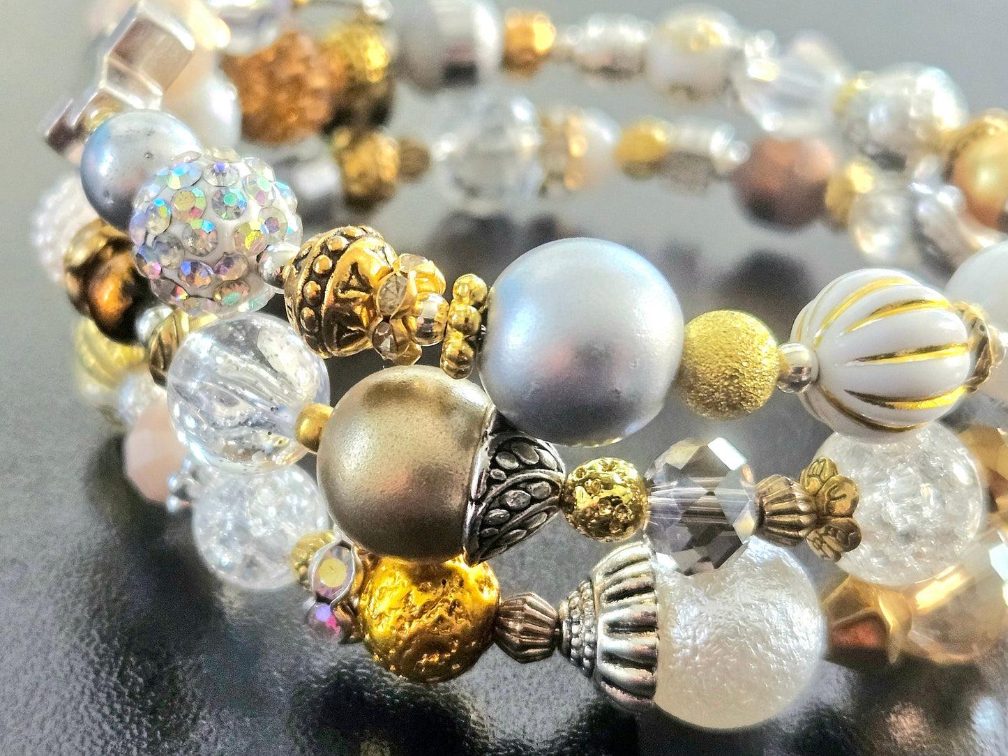 Cross Charm Beaded Bracelet Jewelry Faith Based Christian Wrap Bangle Cuff Gold White Handmade Women's Christmas Holiday Gift For Her