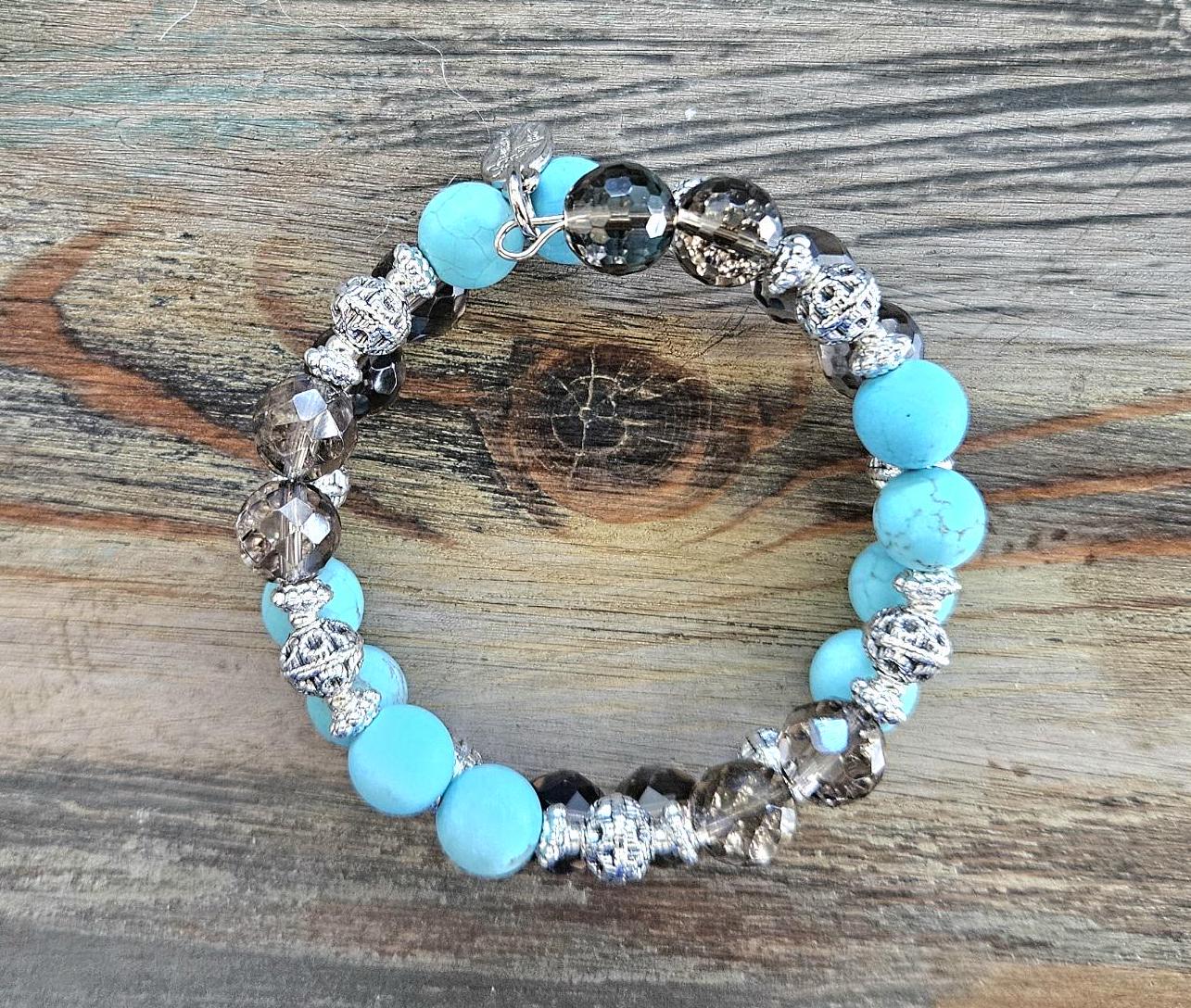Smoky Quartz Silver Turquoise Southwest Beaded Bracelet Jewelry Brown Gemstone Handmade Wrap Cuff Bangle Vintage Women's Gift For Her