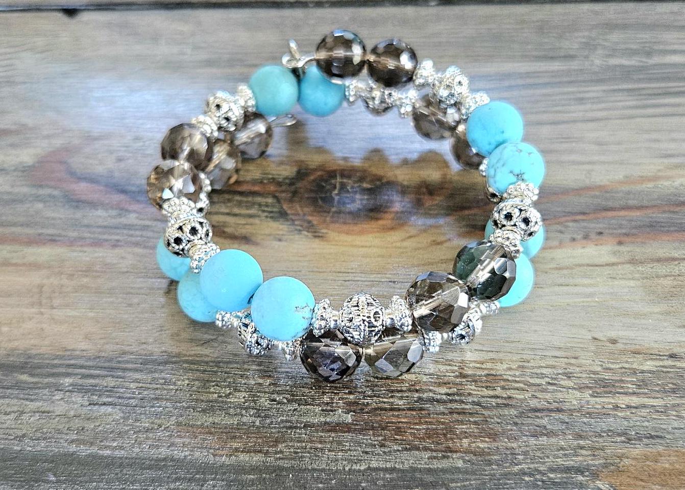 Smoky Quartz Silver Turquoise Southwest Beaded Bracelet Jewelry Brown Gemstone Handmade Wrap Cuff Bangle Vintage Women's Gift For Her