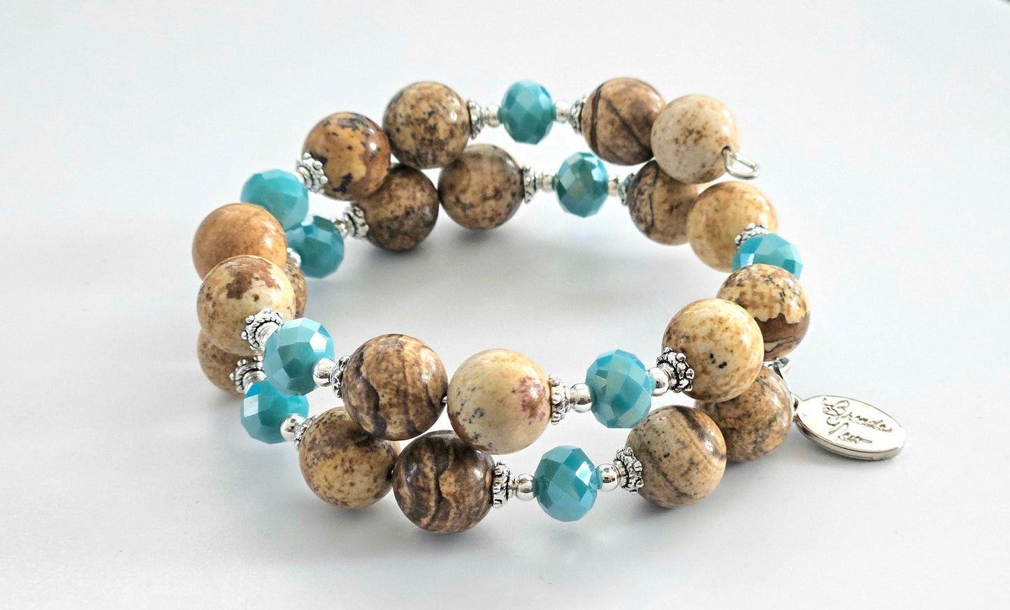 Gemstone Beaded Bracelet Southwest Turquoise Jewelry Semi Precious Desert Jasper Silver Wrap Bangle Cuff Women's Gift for Her Birthday