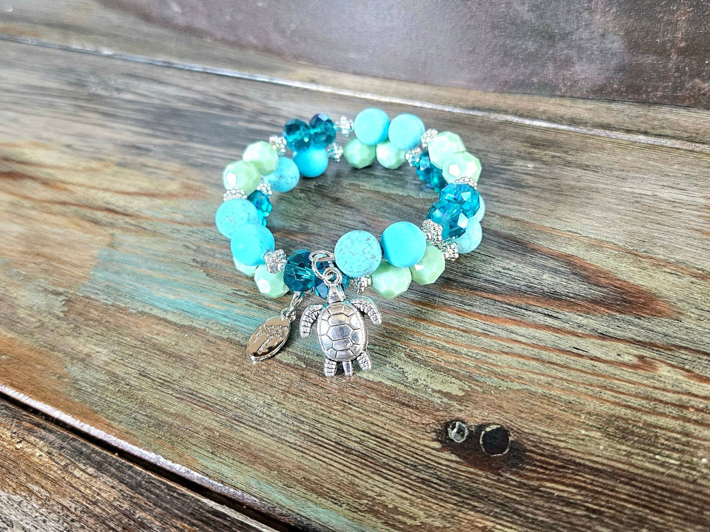Turtle Charm Bracelet Beaded Sea Ocean Jewelry Beach Cruise Silver Turquoise Aqua Green Memory Wire Women's Gift Wrap Cuff Bangle