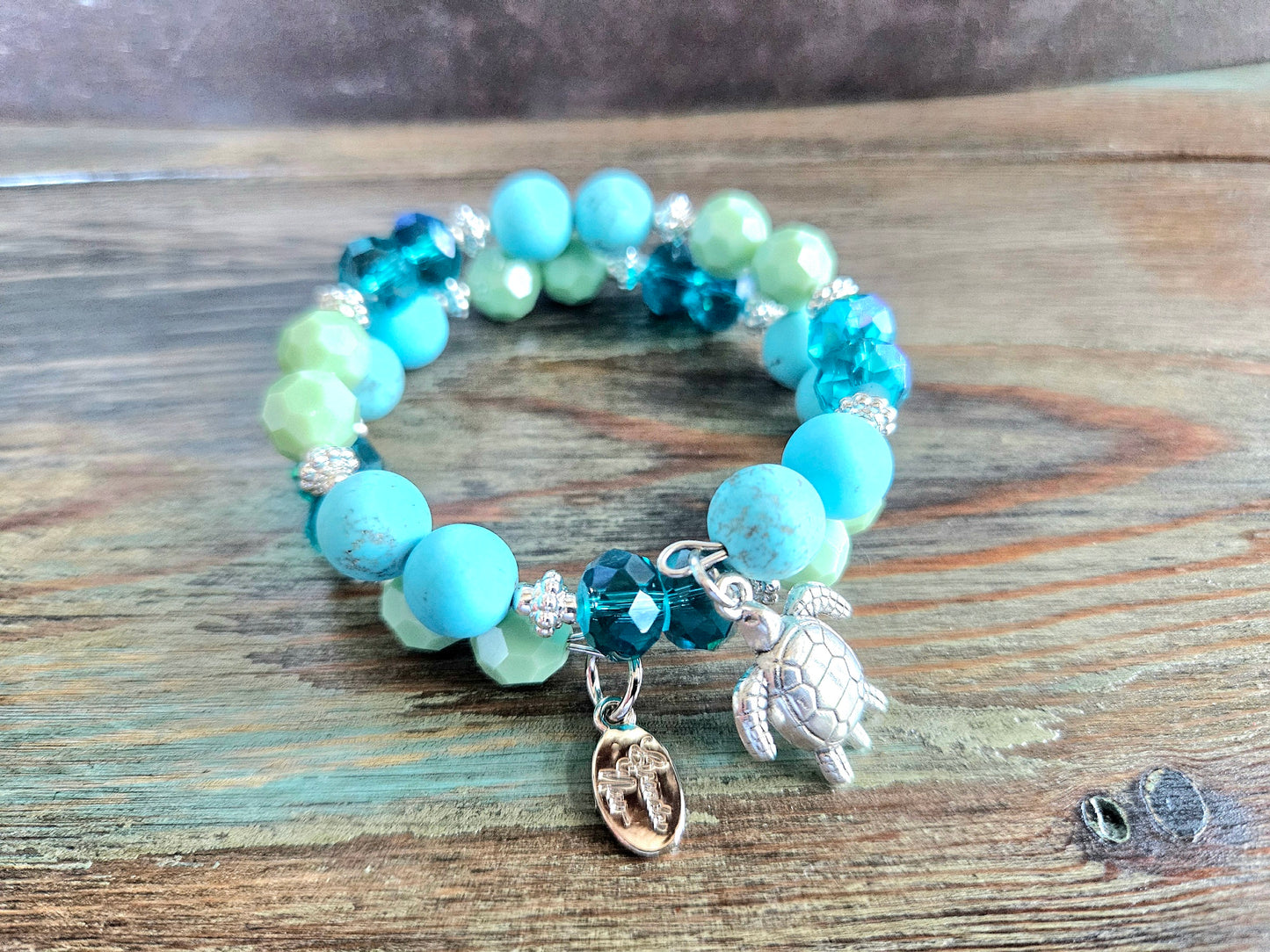 Turtle Charm Bracelet Beaded Sea Ocean Jewelry Beach Cruise Silver Turquoise Aqua Green Memory Wire Women's Gift Wrap Cuff Bangle
