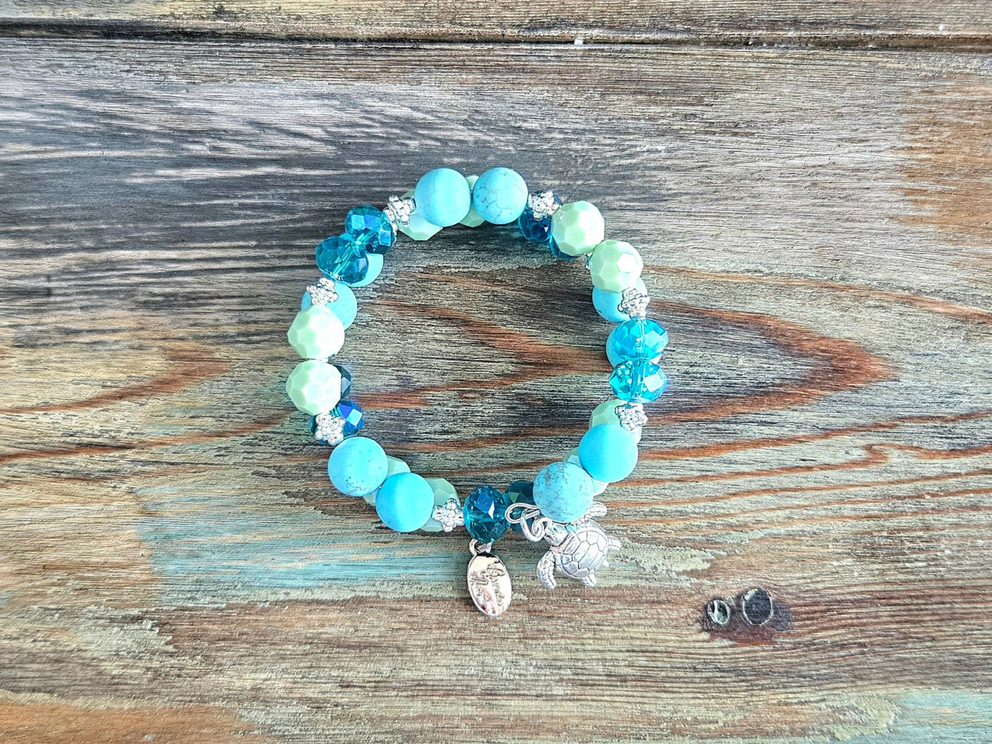 Turtle Charm Bracelet Beaded Sea Ocean Jewelry Beach Cruise Silver Turquoise Aqua Green Memory Wire Women's Gift Wrap Cuff Bangle