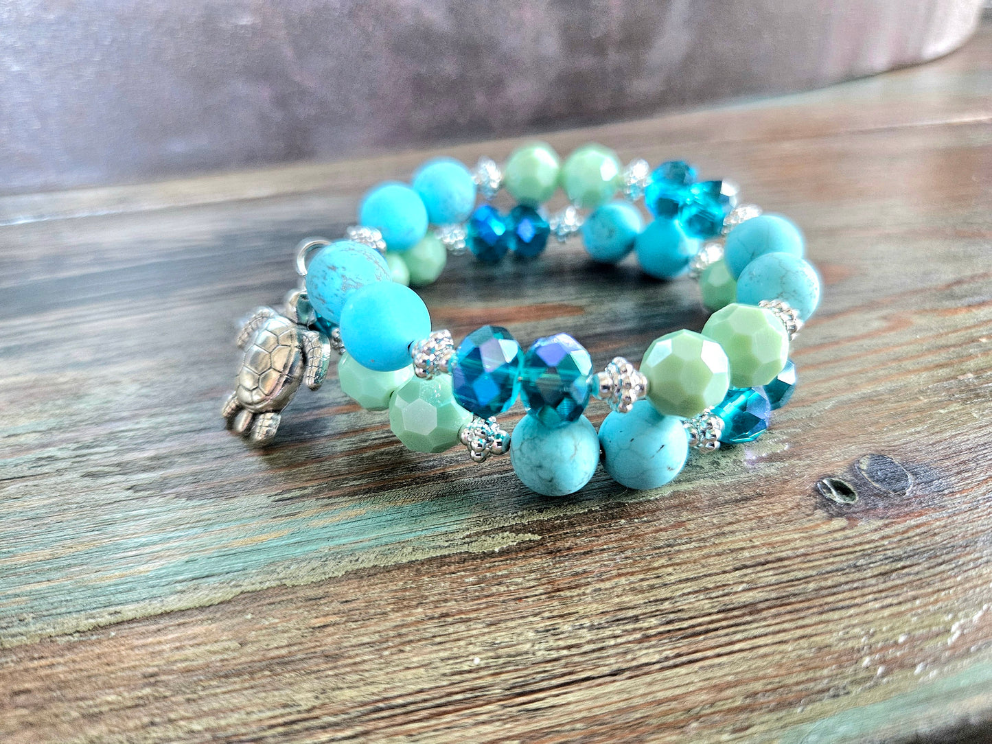 Turtle Charm Bracelet Beaded Sea Ocean Jewelry Beach Cruise Silver Turquoise Aqua Green Memory Wire Women's Gift Wrap Cuff Bangle