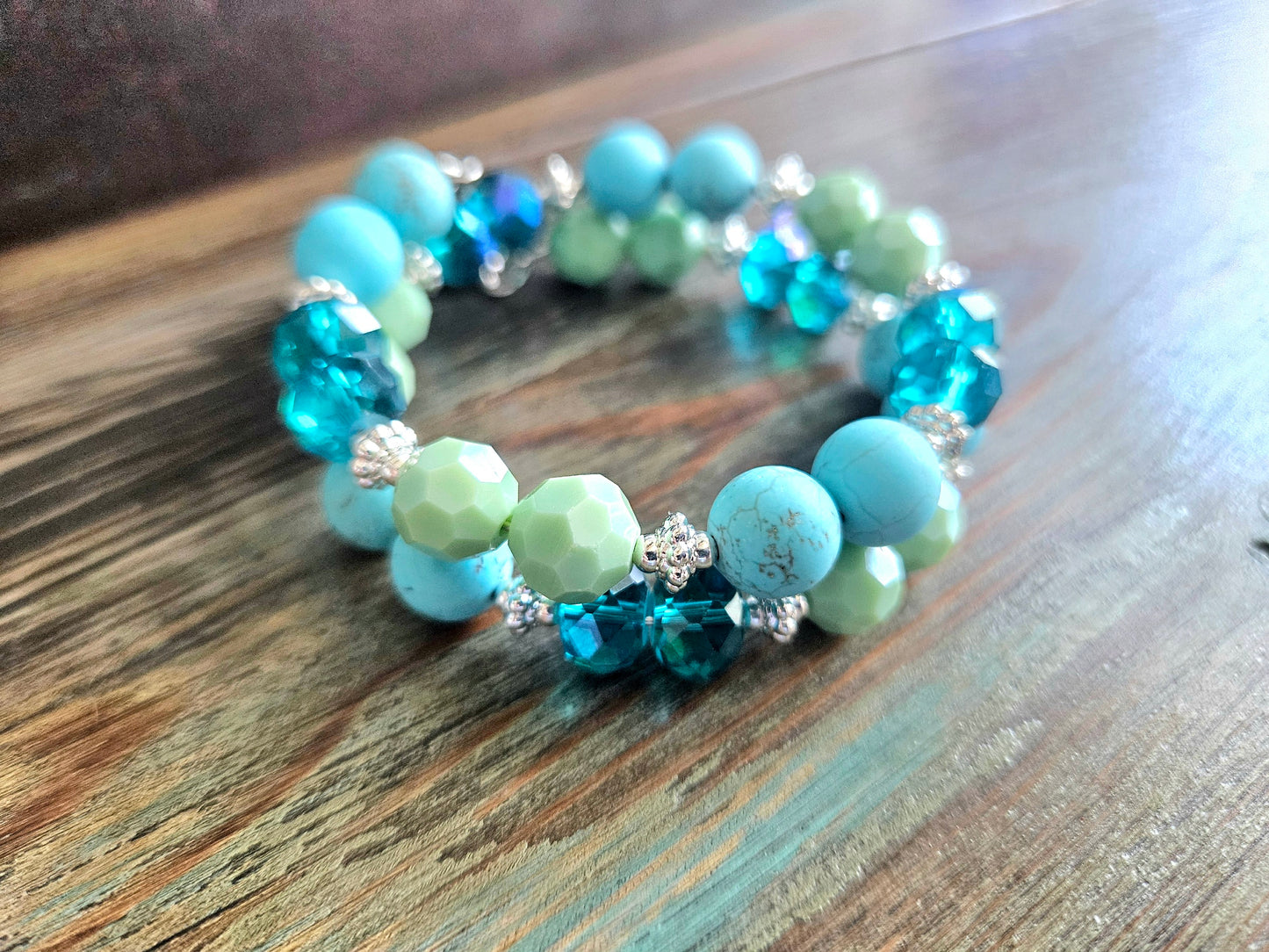 Turtle Charm Bracelet Beaded Sea Ocean Jewelry Beach Cruise Silver Turquoise Aqua Green Memory Wire Women's Gift Wrap Cuff Bangle