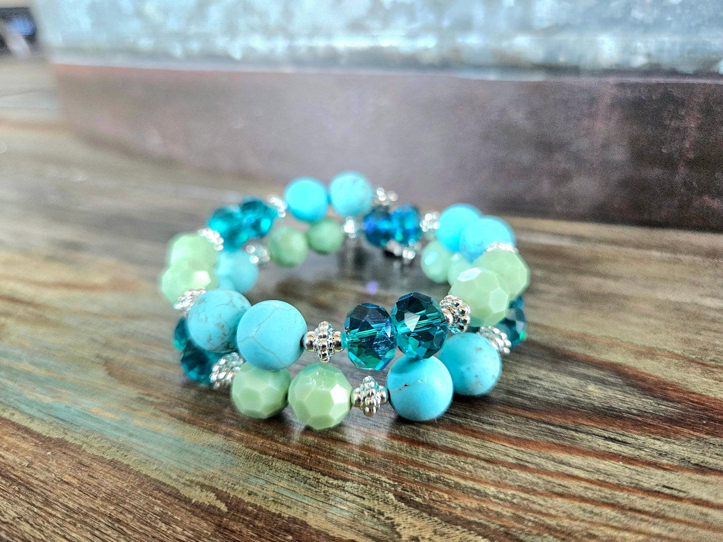 Turtle Charm Bracelet Beaded Sea Ocean Jewelry Beach Cruise Silver Turquoise Aqua Green Memory Wire Women's Gift Wrap Cuff Bangle