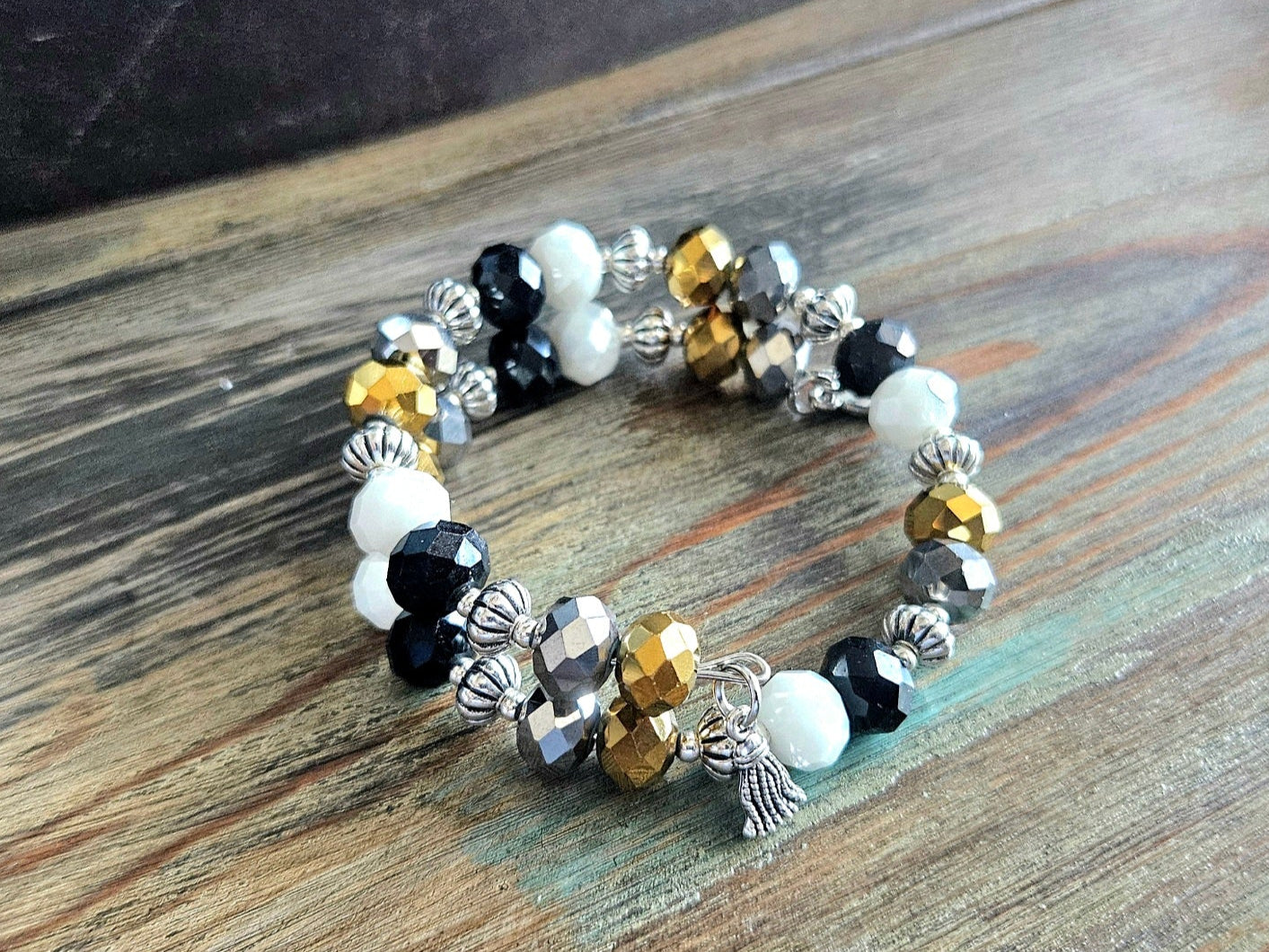 Black Gold Beaded Bracelet Glass Jewelry Party Formal Evening Bridal Wedding Prom Wrap Bangle Handmade Women's Gift