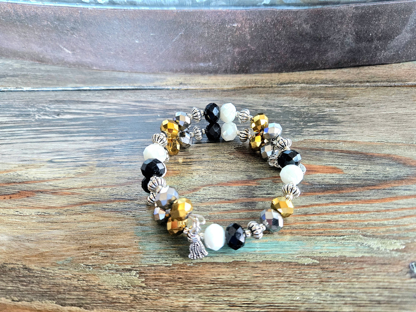 Black Gold Beaded Bracelet Glass Jewelry Party Formal Evening Bridal Wedding Prom Wrap Bangle Handmade Women's Gift
