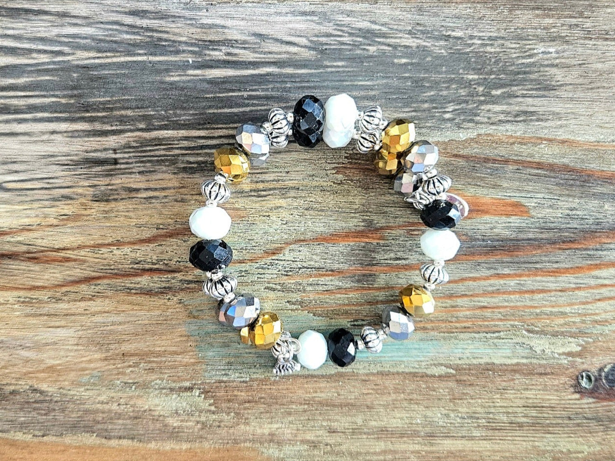 Black Gold Beaded Bracelet Glass Jewelry Party Formal Evening Bridal Wedding Prom Wrap Bangle Handmade Women's Gift