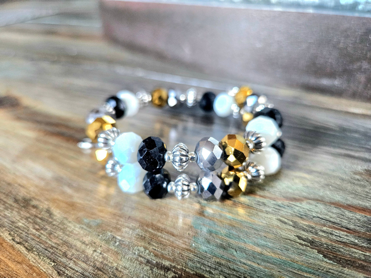 Black Gold Beaded Bracelet Glass Jewelry Party Formal Evening Bridal Wedding Prom Wrap Bangle Handmade Women's Gift