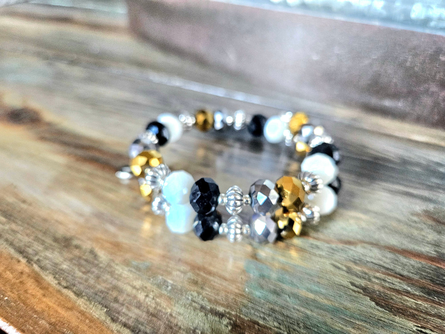 Black Gold Beaded Bracelet Glass Jewelry Party Formal Evening Bridal Wedding Prom Wrap Bangle Handmade Women's Gift