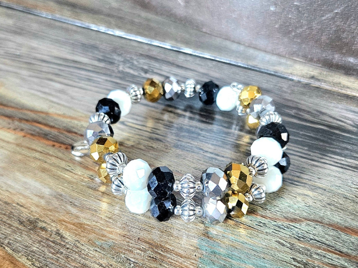 Black Gold Beaded Bracelet Glass Jewelry Party Formal Evening Bridal Wedding Prom Wrap Bangle Handmade Women's Gift