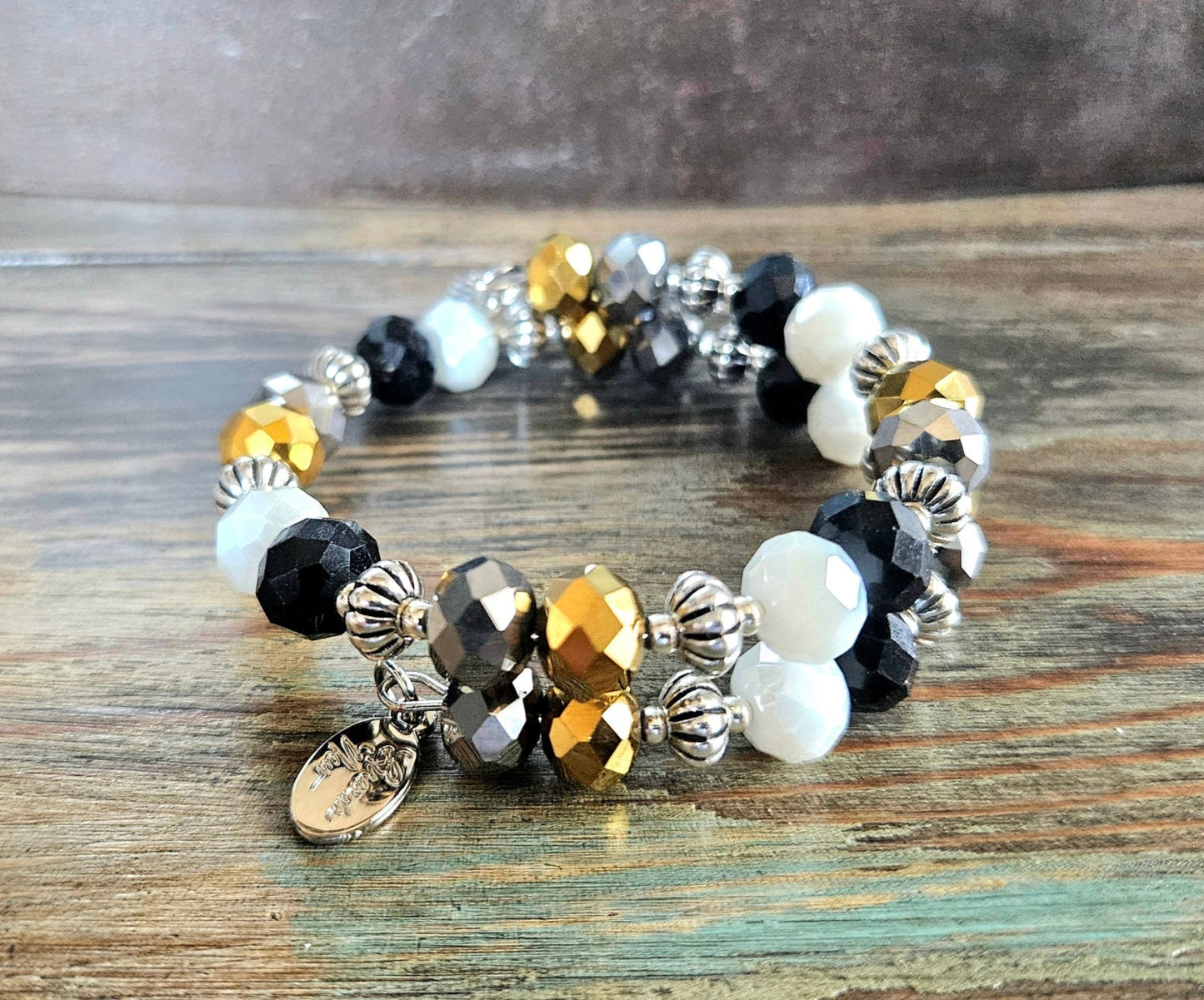 Black Gold Beaded Bracelet Glass Jewelry Party Formal Evening Bridal Wedding Prom Wrap Bangle Handmade Women's Gift