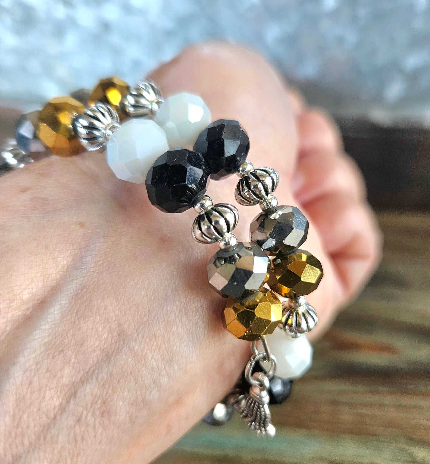 Black Gold Beaded Bracelet Glass Jewelry Party Formal Evening Bridal Wedding Prom Wrap Bangle Handmade Women's Gift