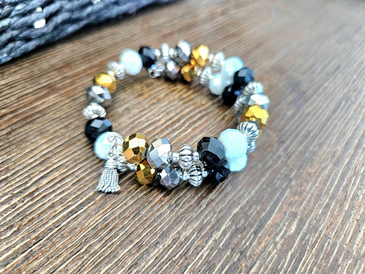 Black Gold Beaded Bracelet Glass Jewelry Party Formal Evening Bridal Wedding Prom Wrap Bangle Handmade Women's Gift