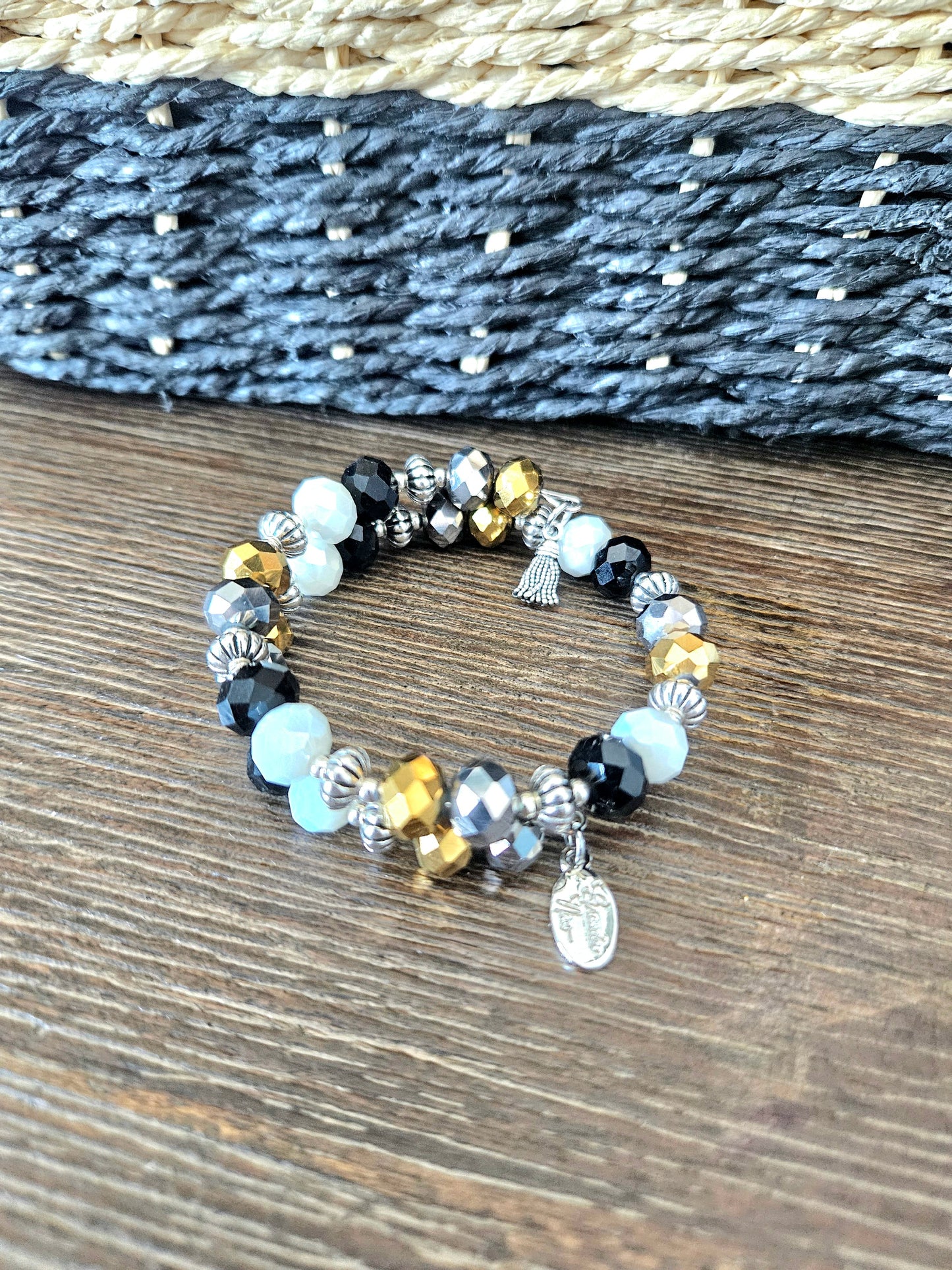 Black Gold Beaded Bracelet Glass Jewelry Party Formal Evening Bridal Wedding Prom Wrap Bangle Handmade Women's Gift