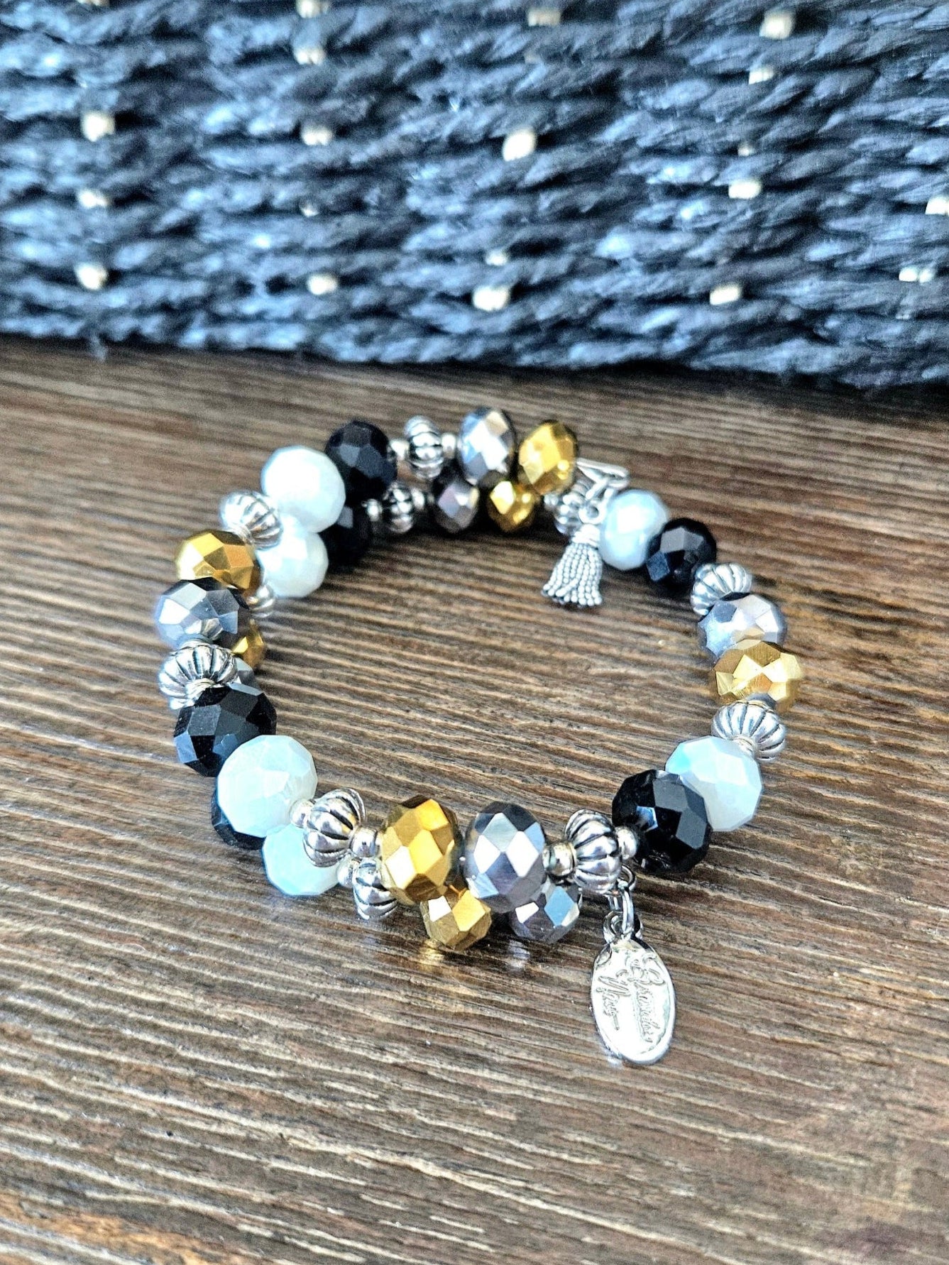 Black Gold Beaded Bracelet Glass Jewelry Party Formal Evening Bridal Wedding Prom Wrap Bangle Handmade Women's Gift