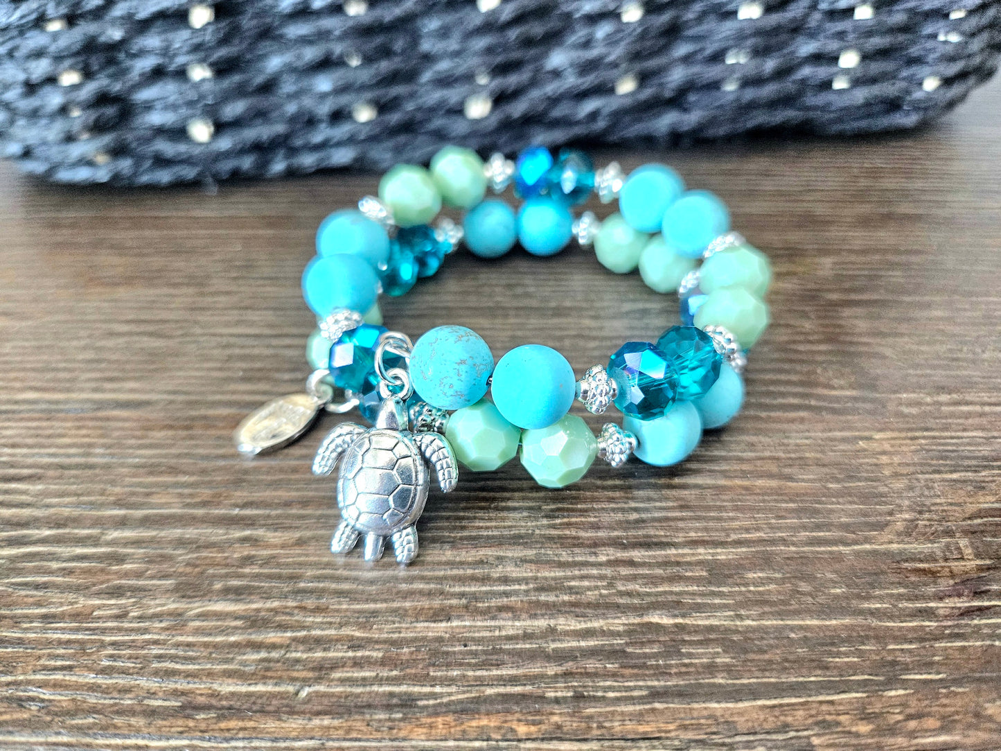 Turtle Charm Bracelet Beaded Sea Ocean Jewelry Beach Cruise Silver Turquoise Aqua Green Memory Wire Women's Gift Wrap Cuff Bangle