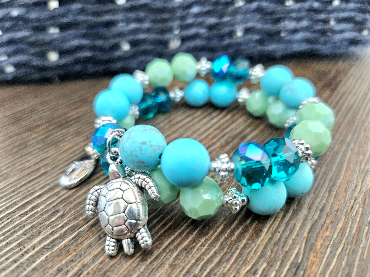 Turtle Charm Bracelet Beaded Sea Ocean Jewelry Beach Cruise Silver Turquoise Aqua Green Memory Wire Women's Gift Wrap Cuff Bangle