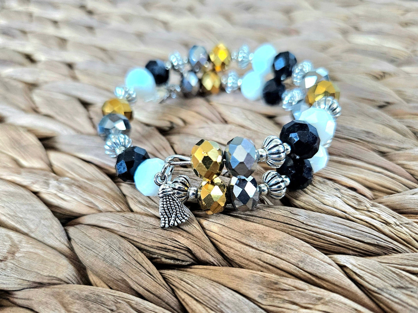 Black Gold Beaded Bracelet Glass Jewelry Party Formal Evening Bridal Wedding Prom Wrap Bangle Handmade Women's Gift