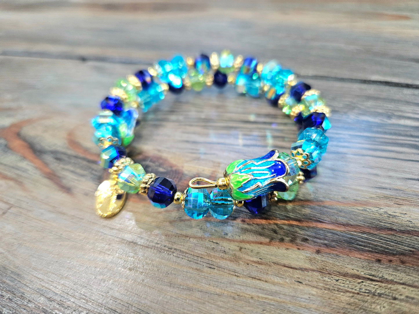 Flower Charm Beaded Bracelet Jewelry Spring Enamel Bead Cap Gold Aqua Green Blue Beach Cruise Vacation Women's Gift Memory Bracelet