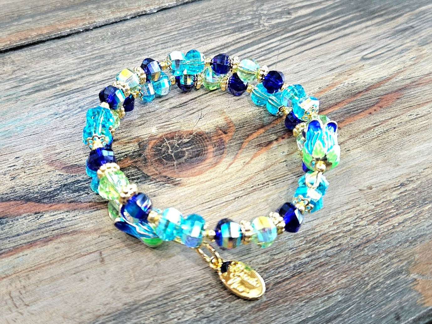 Flower Charm Beaded Bracelet Jewelry Spring Enamel Bead Cap Gold Aqua Green Blue Beach Cruise Vacation Women's Gift Memory Bracelet