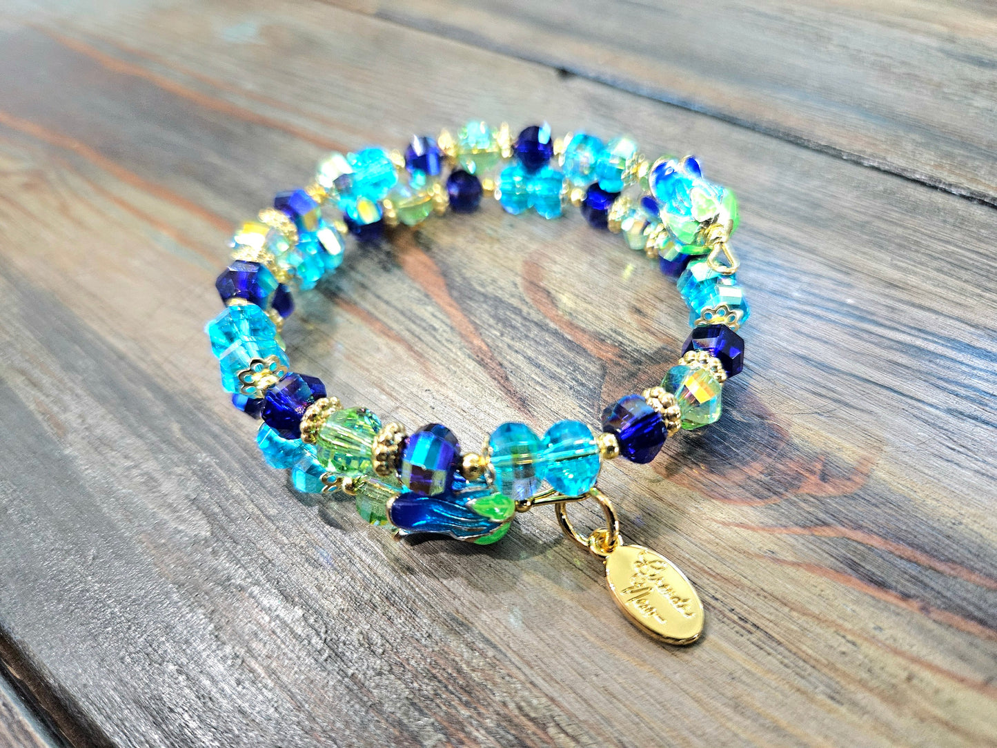 Flower Charm Beaded Bracelet Jewelry Spring Enamel Bead Cap Gold Aqua Green Blue Beach Cruise Vacation Women's Gift Memory Bracelet