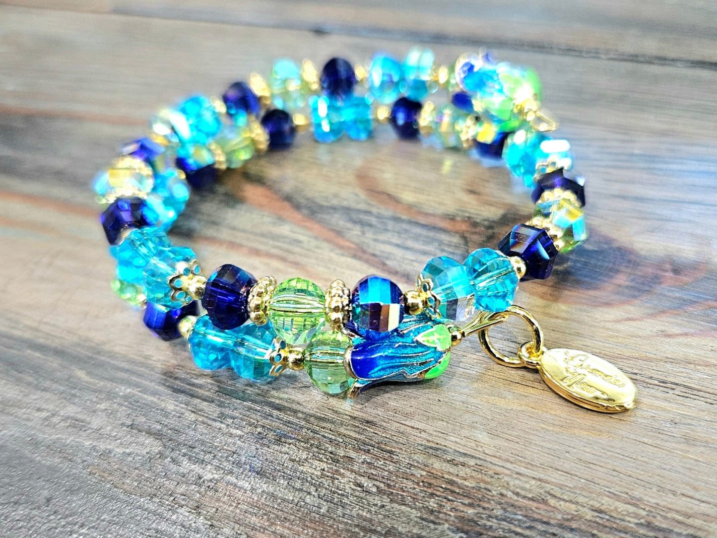 Flower Charm Beaded Bracelet Jewelry Spring Enamel Bead Cap Gold Aqua Green Blue Beach Cruise Vacation Women's Gift Memory Bracelet