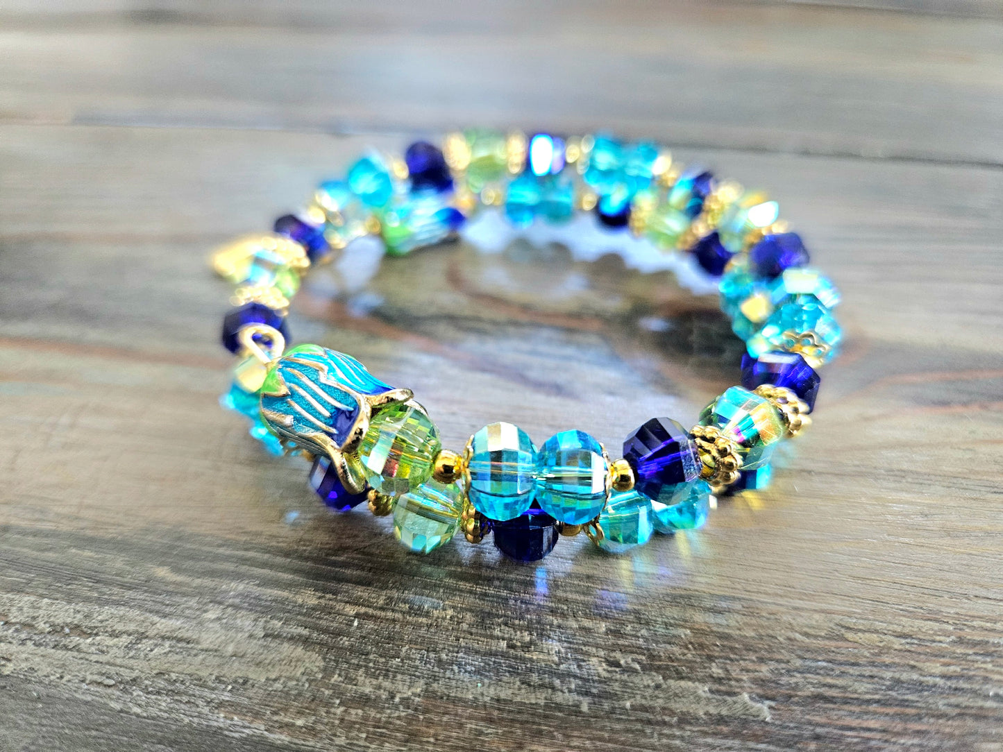 Flower Charm Beaded Bracelet Jewelry Spring Enamel Bead Cap Gold Aqua Green Blue Beach Cruise Vacation Women's Gift Memory Bracelet