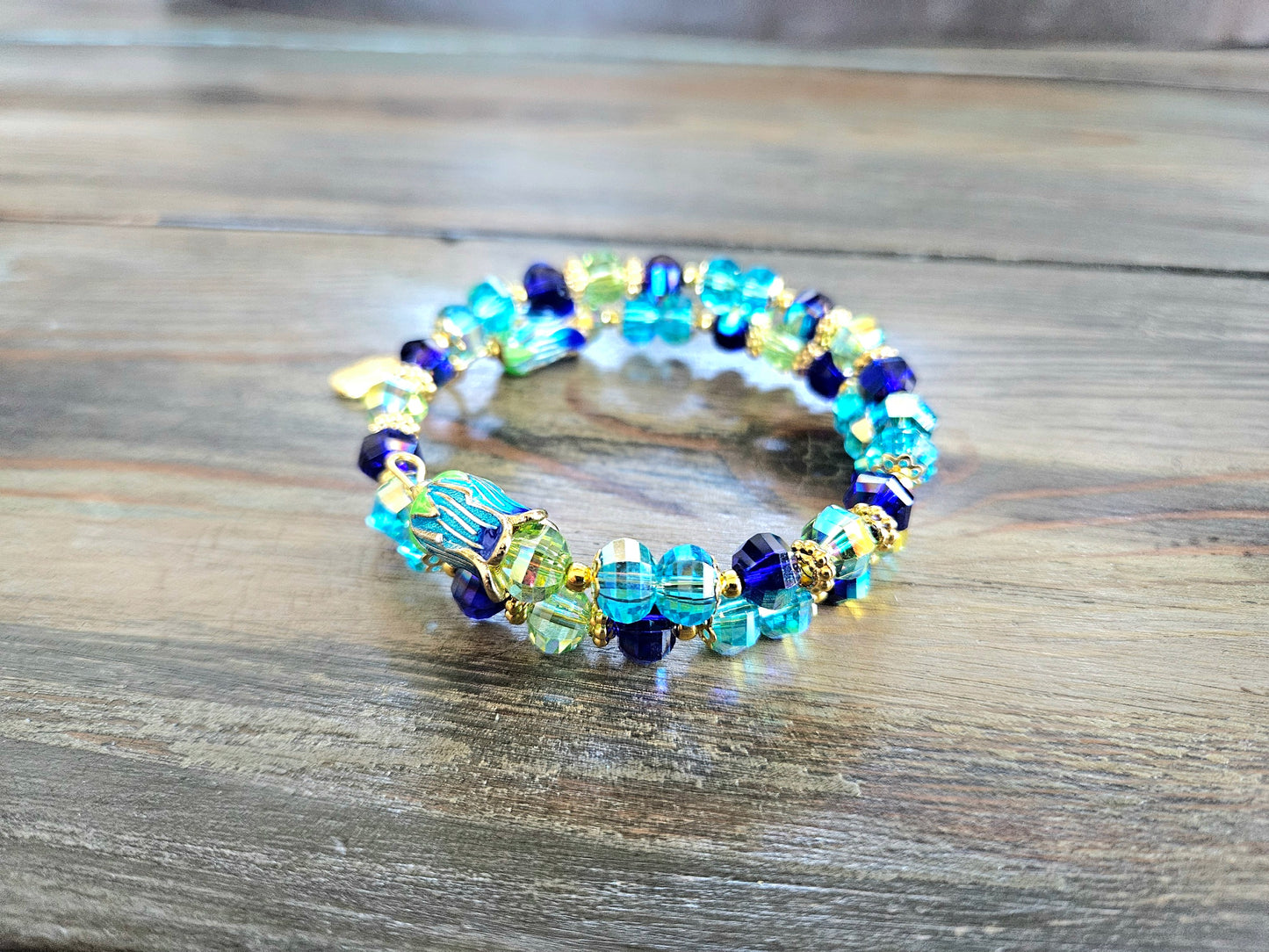 Flower Charm Beaded Bracelet Jewelry Spring Enamel Bead Cap Gold Aqua Green Blue Beach Cruise Vacation Women's Gift Memory Bracelet
