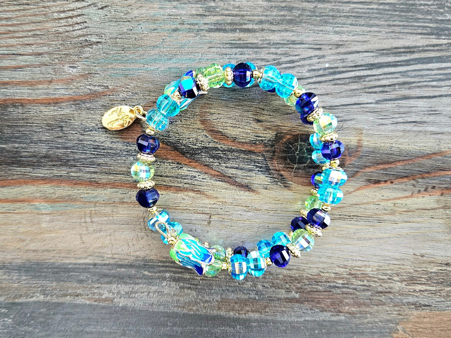 Flower Charm Beaded Bracelet Jewelry Spring Enamel Bead Cap Gold Aqua Green Blue Beach Cruise Vacation Women's Gift Memory Bracelet