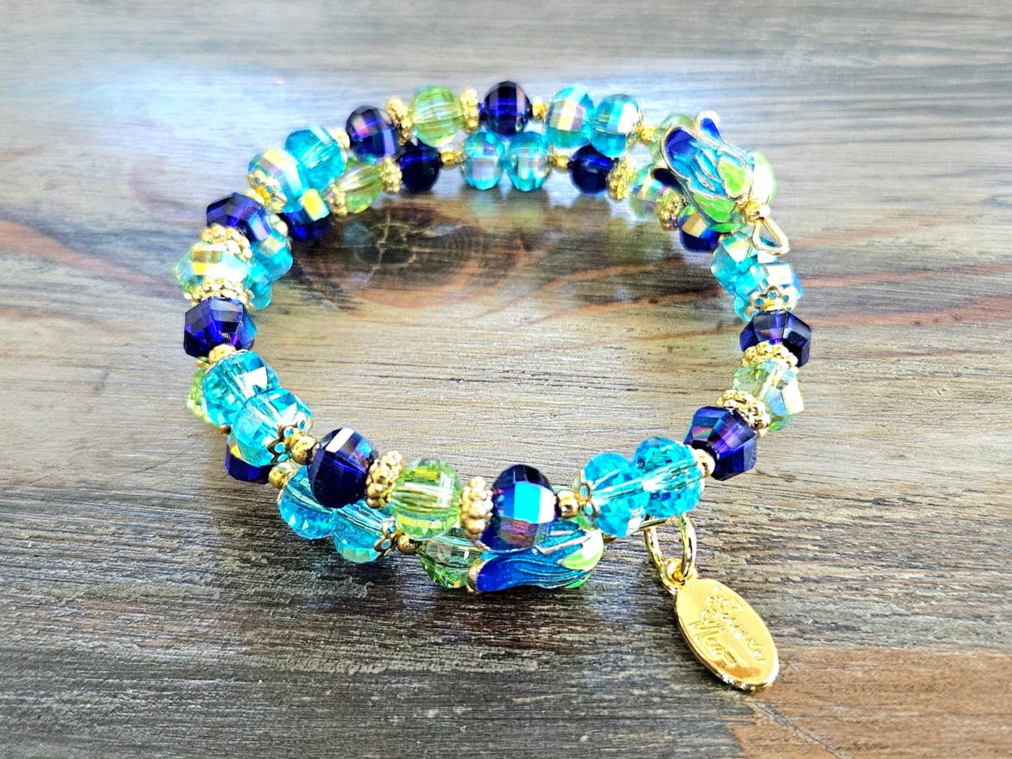 Flower Charm Beaded Bracelet Jewelry Spring Enamel Bead Cap Gold Aqua Green Blue Beach Cruise Vacation Women's Gift Memory Bracelet