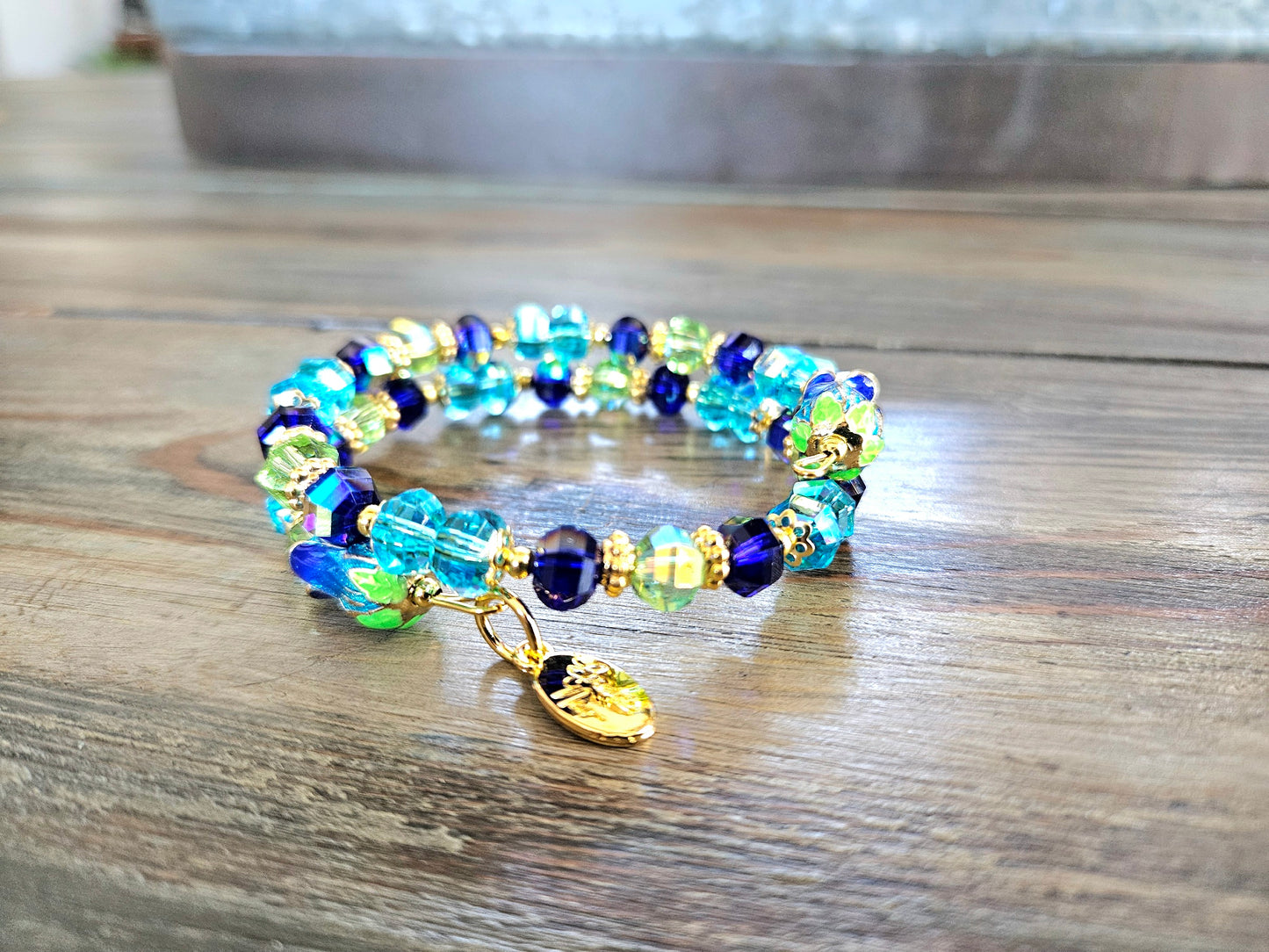 Flower Charm Beaded Bracelet Jewelry Spring Enamel Bead Cap Gold Aqua Green Blue Beach Cruise Vacation Women's Gift Memory Bracelet