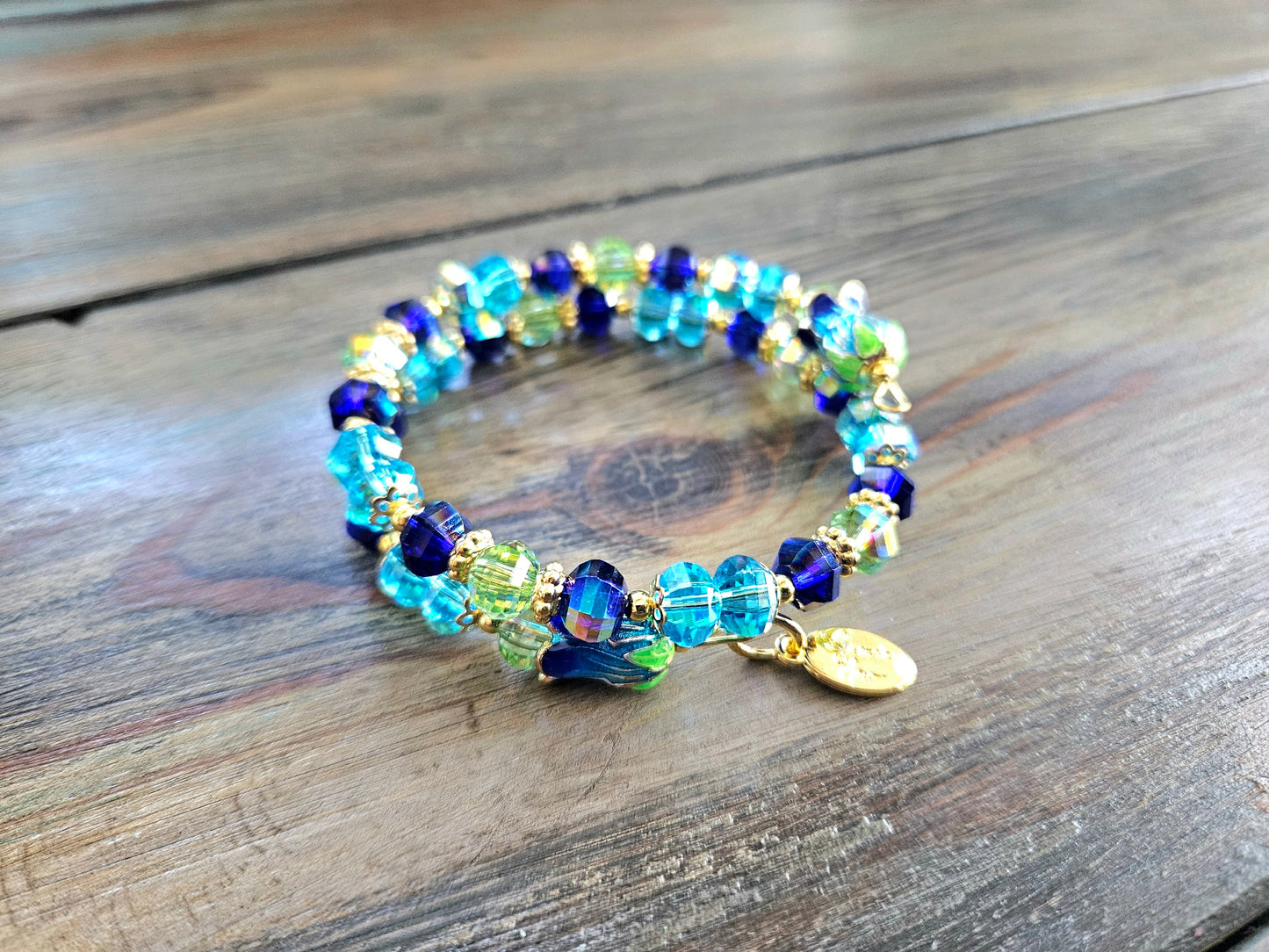 Flower Charm Beaded Bracelet Jewelry Spring Enamel Bead Cap Gold Aqua Green Blue Beach Cruise Vacation Women's Gift Memory Bracelet